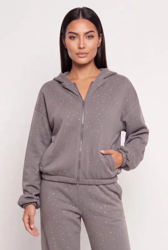 Rhinestone Fleece Lined Zip Front Hoodie made by Almost Famous