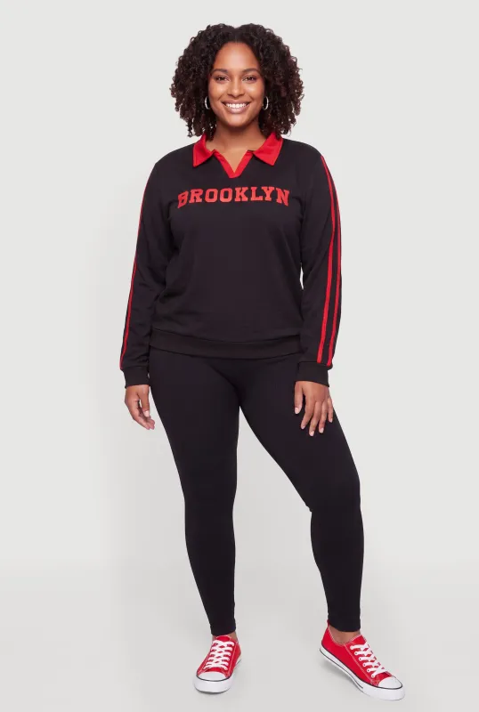 Plus Size Contrast Trim Brooklyn Graphic Polo Top made by Rainbow