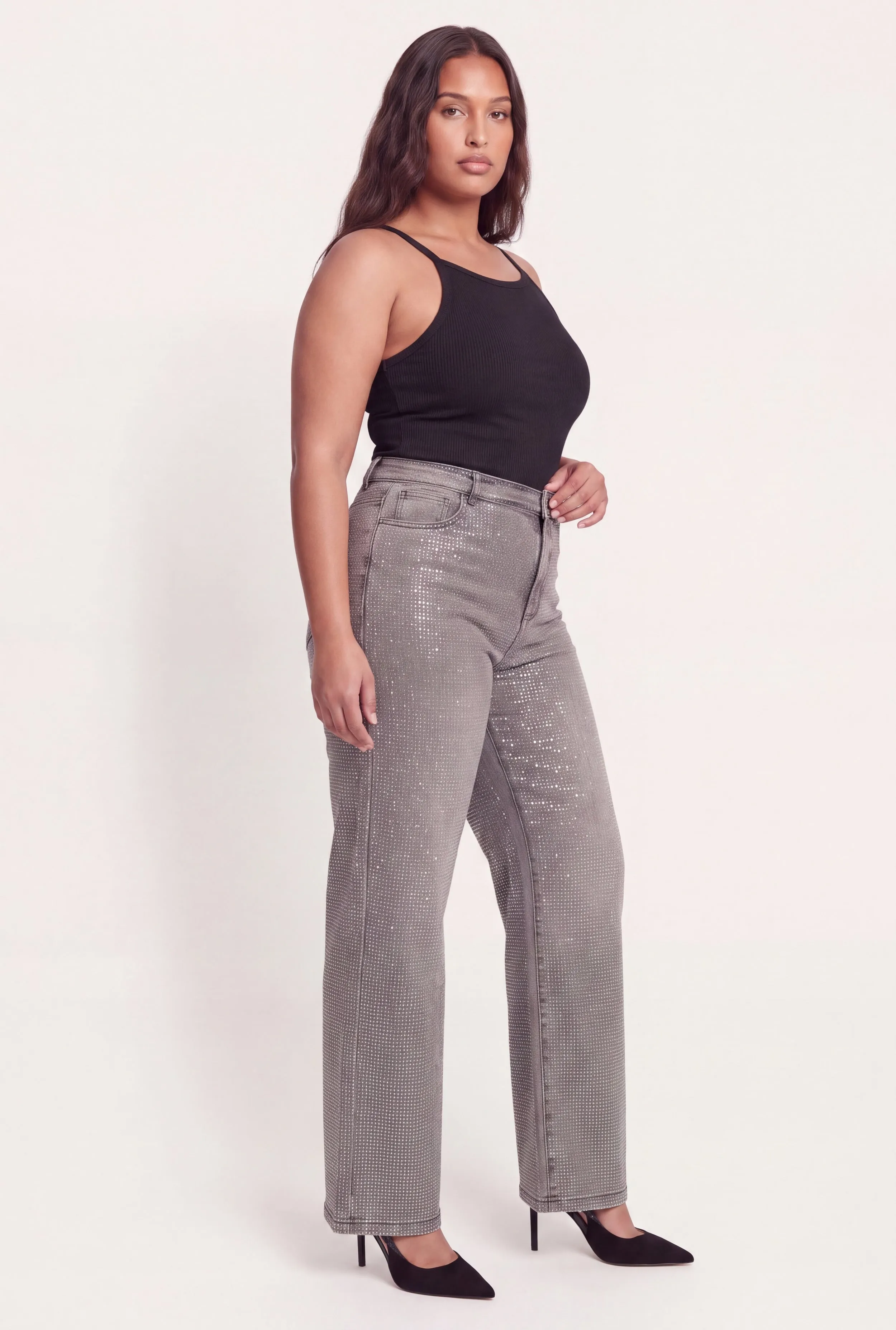 Plus Size Rhinestone Studded Whiskered Wide Leg Jeans sold by Rainbow product image thumbnail 2