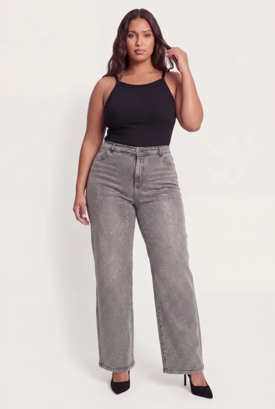 Plus Size Rhinestone Studded Whiskered Wide Leg Jeans made by Daisy