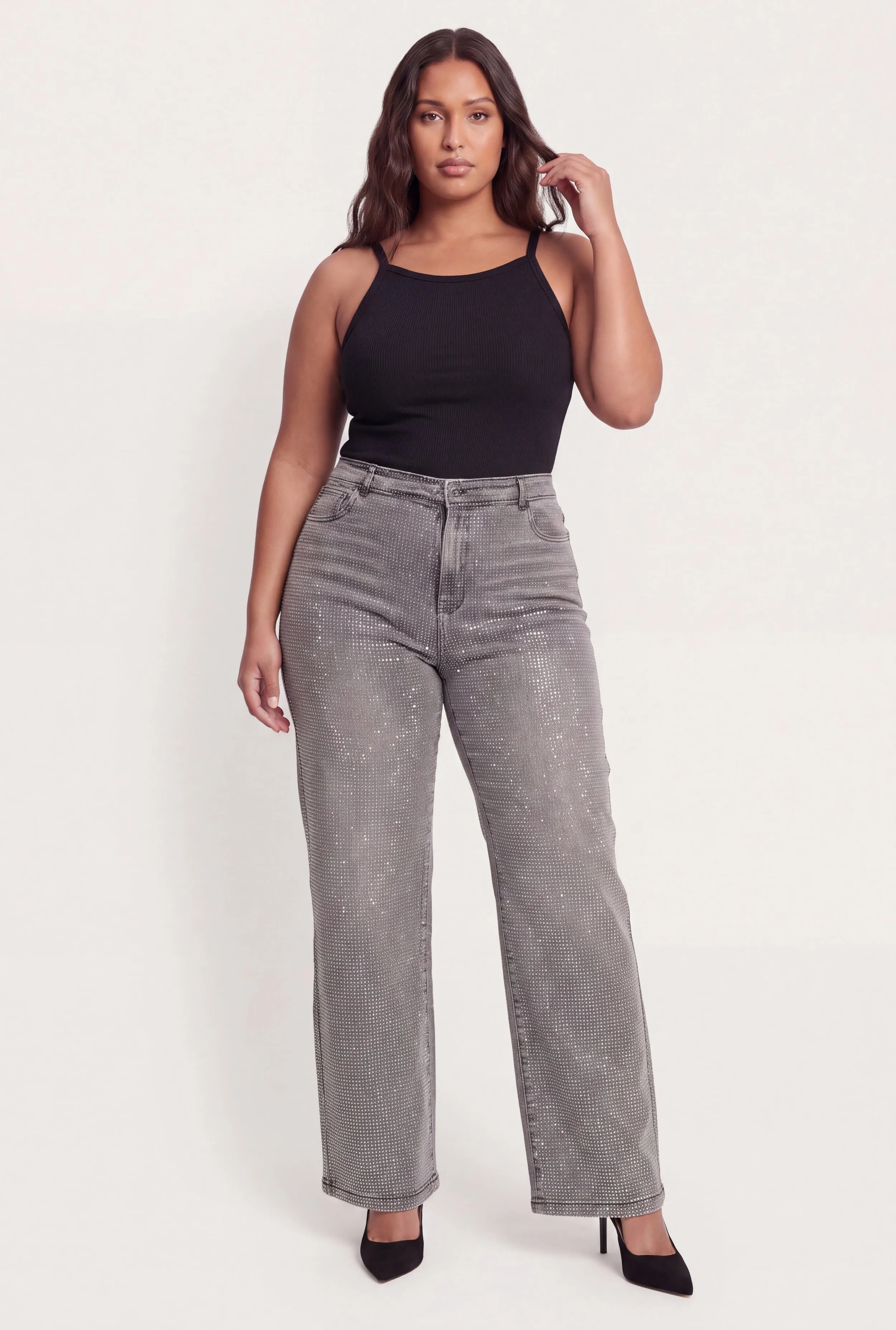 Plus Size Rhinestone Studded Whiskered Wide Leg Jeans sold by Rainbow
