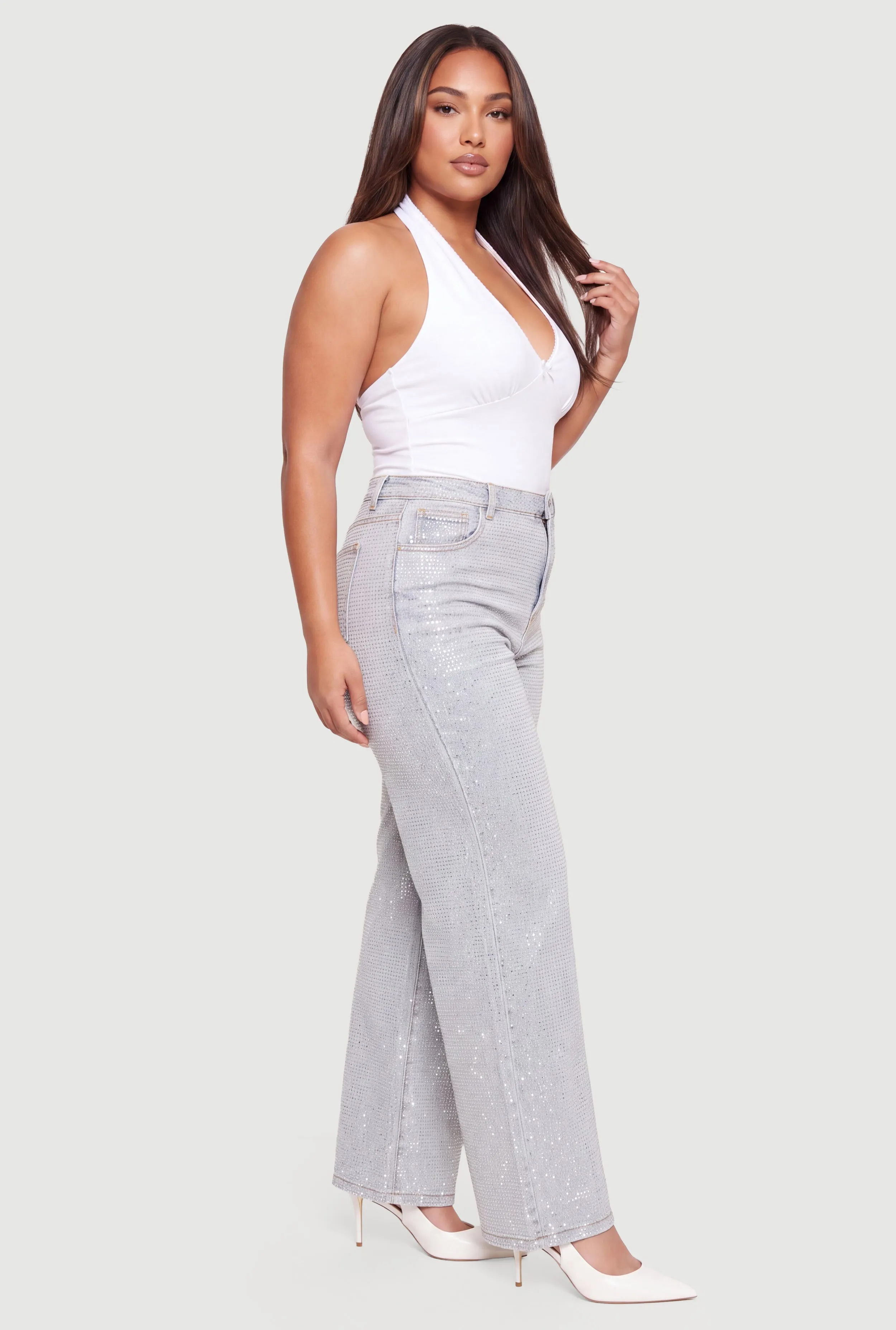 Plus Size Rhinestone Studded Whiskered Wide Leg Jeans sold by Rainbow product image thumbnail 2