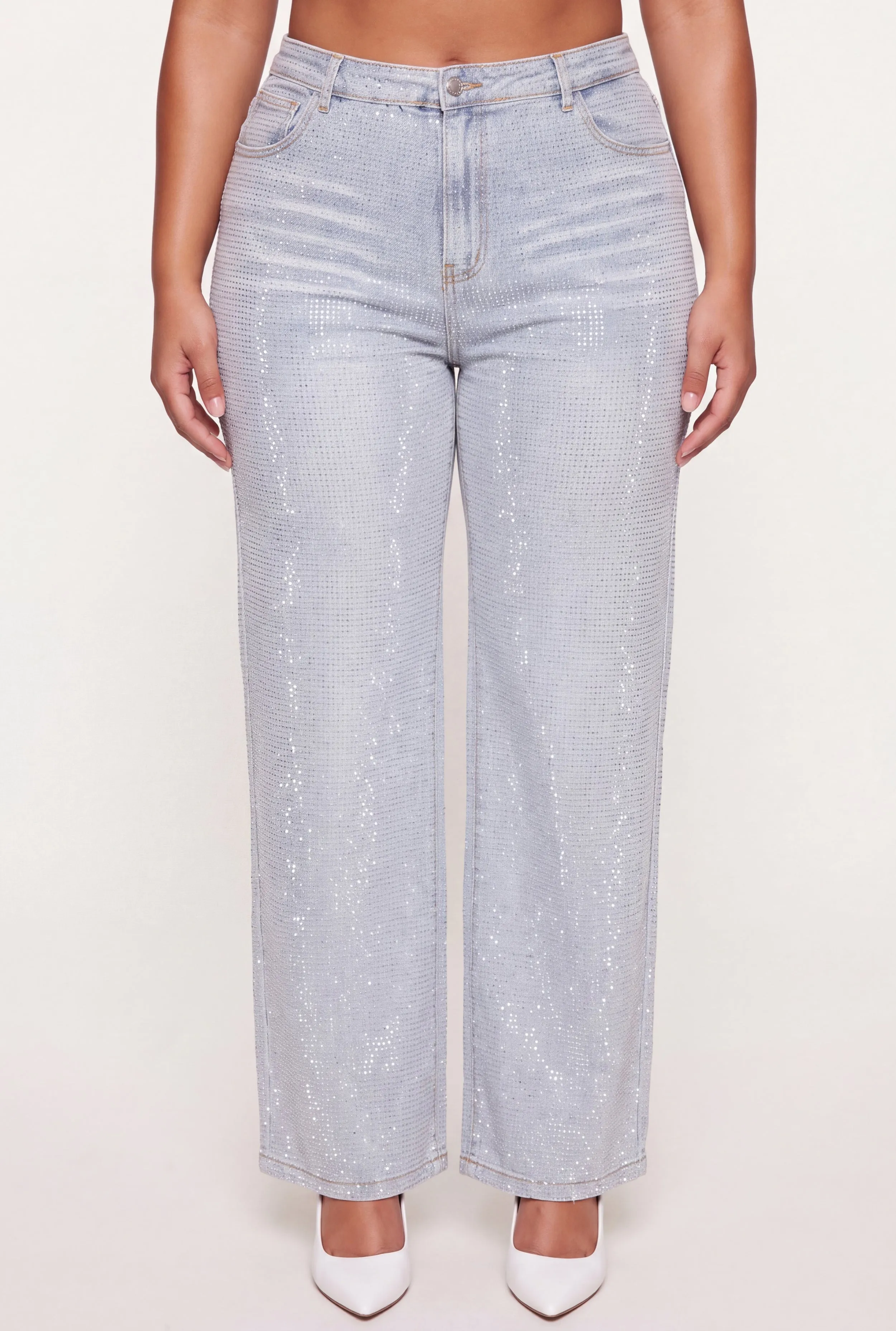 Plus Size Rhinestone Studded Whiskered Wide Leg Jeans sold by Rainbow product image thumbnail 3