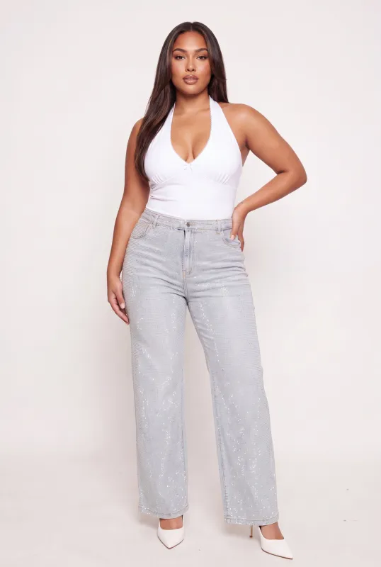 Plus Size Rhinestone Studded Whiskered Wide Leg Jeans made by Daisy