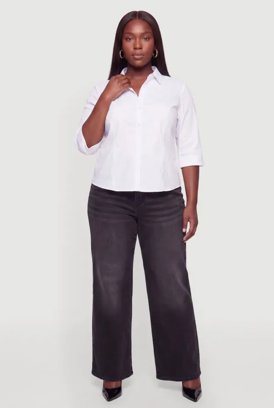 Plus Size Button Front Three Quarter Sleeve Shirt made by Rainbow