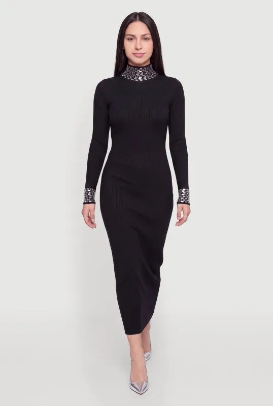 Gemstone Trim Mock Neck Long Sleeve Maxi Dress made by Almost Famous