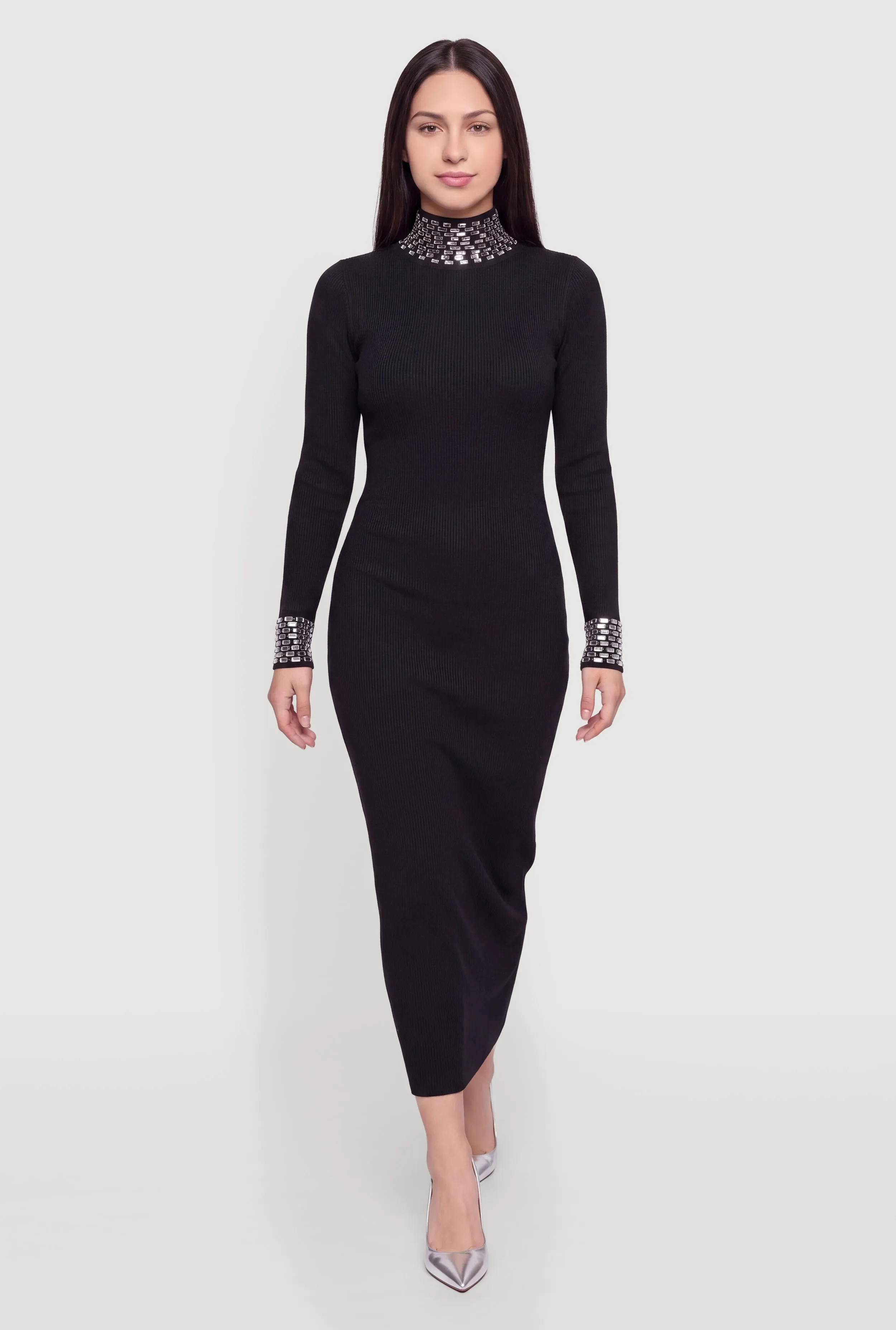 Gemstone Trim Mock Neck Long Sleeve Maxi Dress sold by Rainbow
