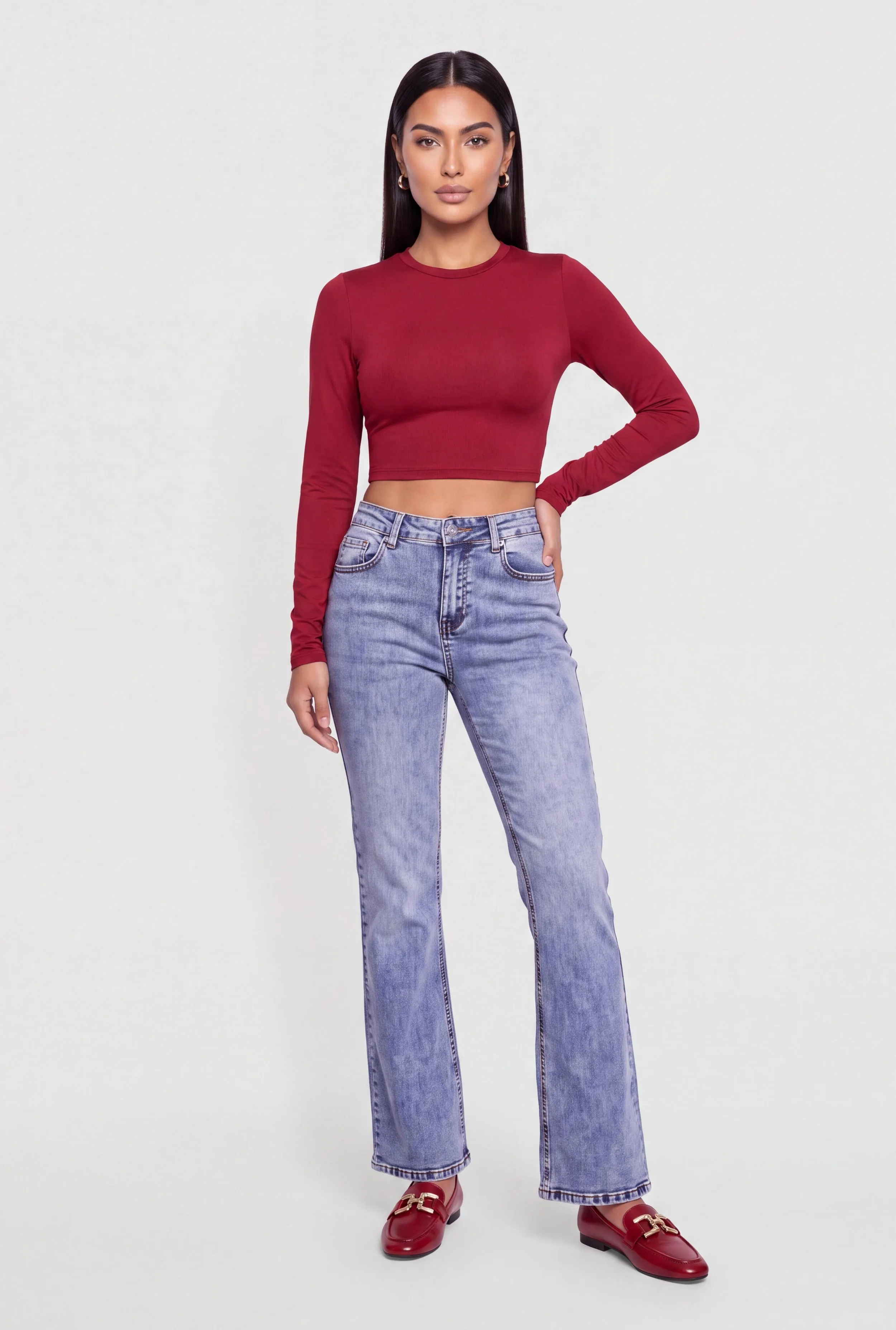 Crew Neck Long Sleeve Crop Top sold by Rainbow