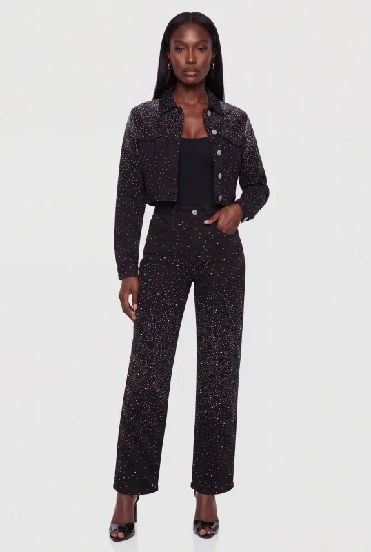 Rhinestone Straight Leg Jeans made by Rainbow