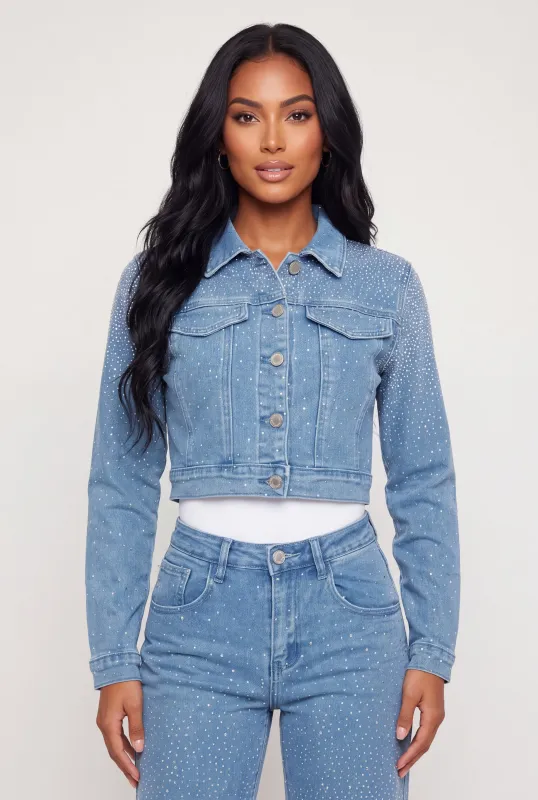 Rhinestones Cropped Denim Jacket made by Rainbow