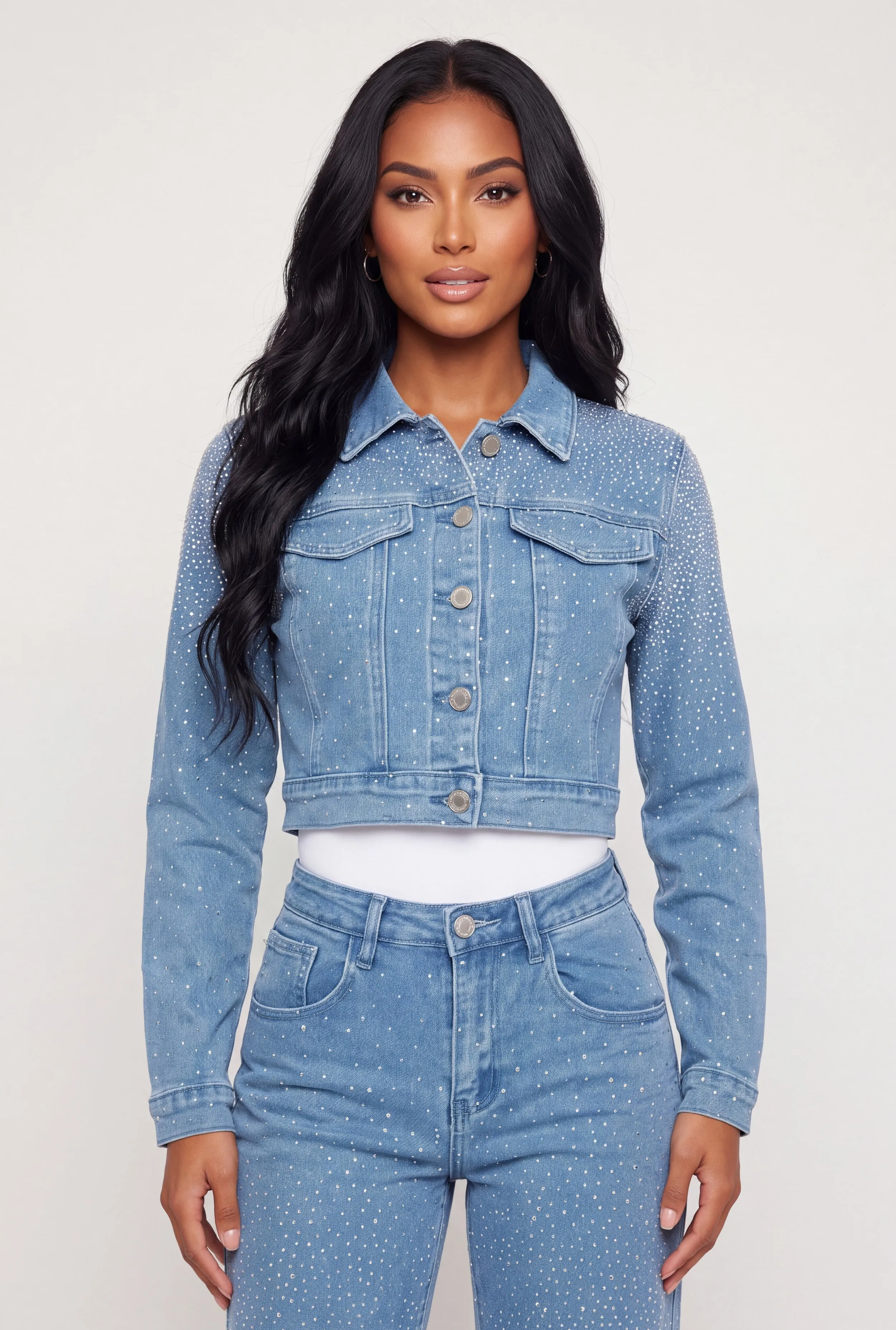 Rhinestones Cropped Denim Jacket sold by Rainbow