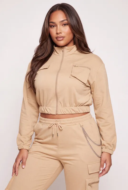 Plus Size Cargo Pocket Cropped Zip Front Sweatshirt made by Rainbow