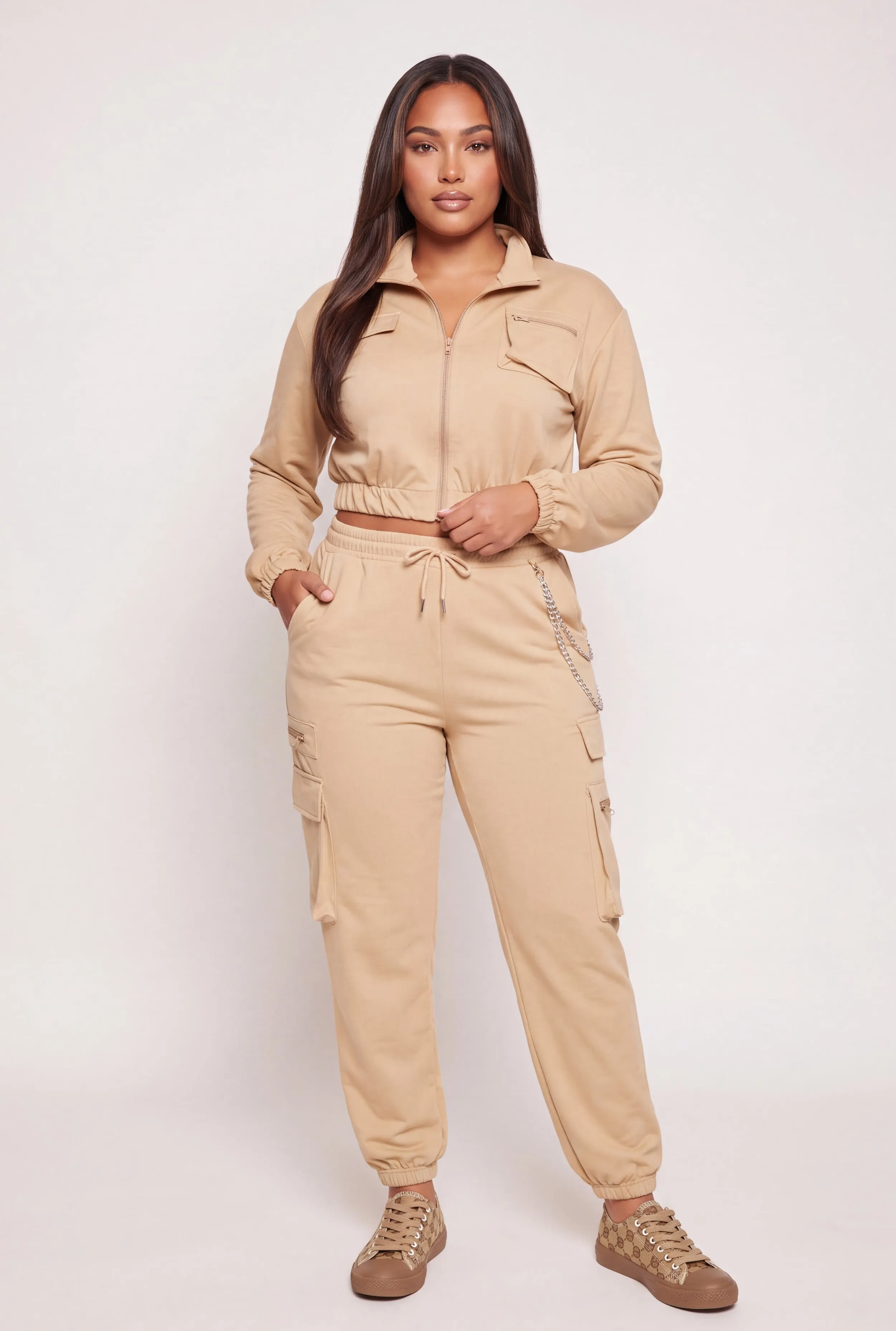 Plus Size Chain Detail Drawstring Waist Cargo Joggers sold by Rainbow