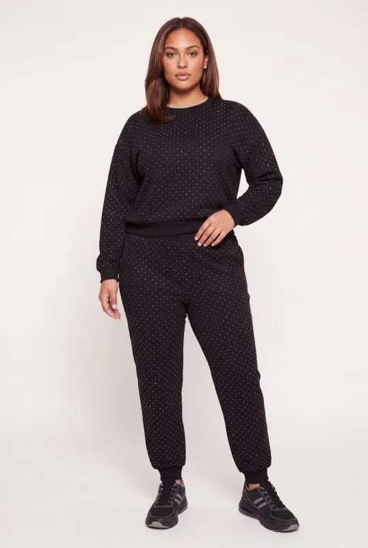 Plus Size High Waisted Fleece Joggers with Rhinestones made by iris