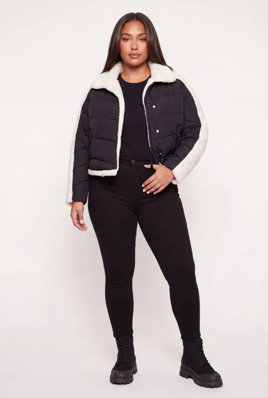 Plus Size Sherpa Detail Puffer Jacket made by Rainbow