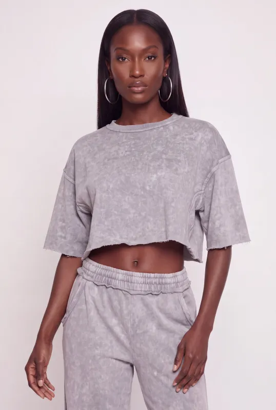 Acid Wash Oversized Cropped Raw Hem Sweatshirt made by Rainbow