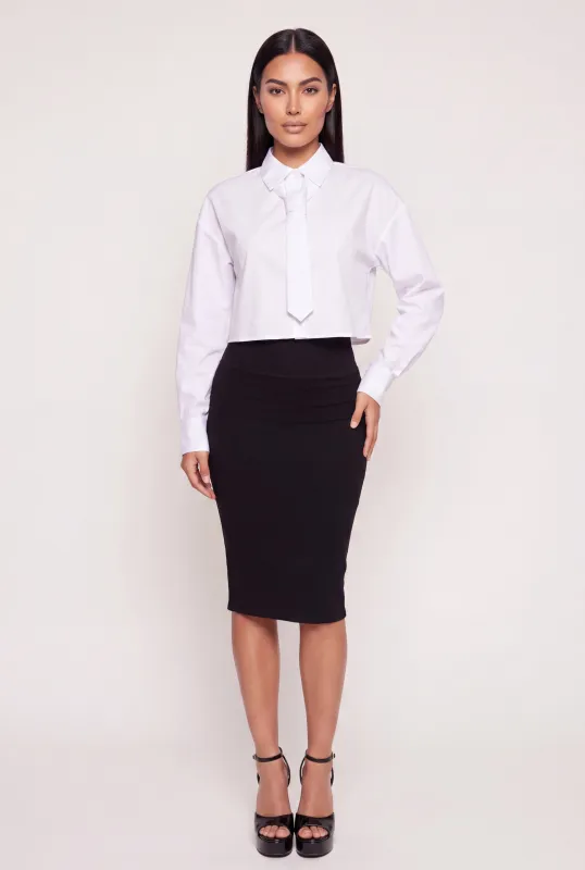 Removable Neck Tie Cropped Button Front Shirt made by Rainbow