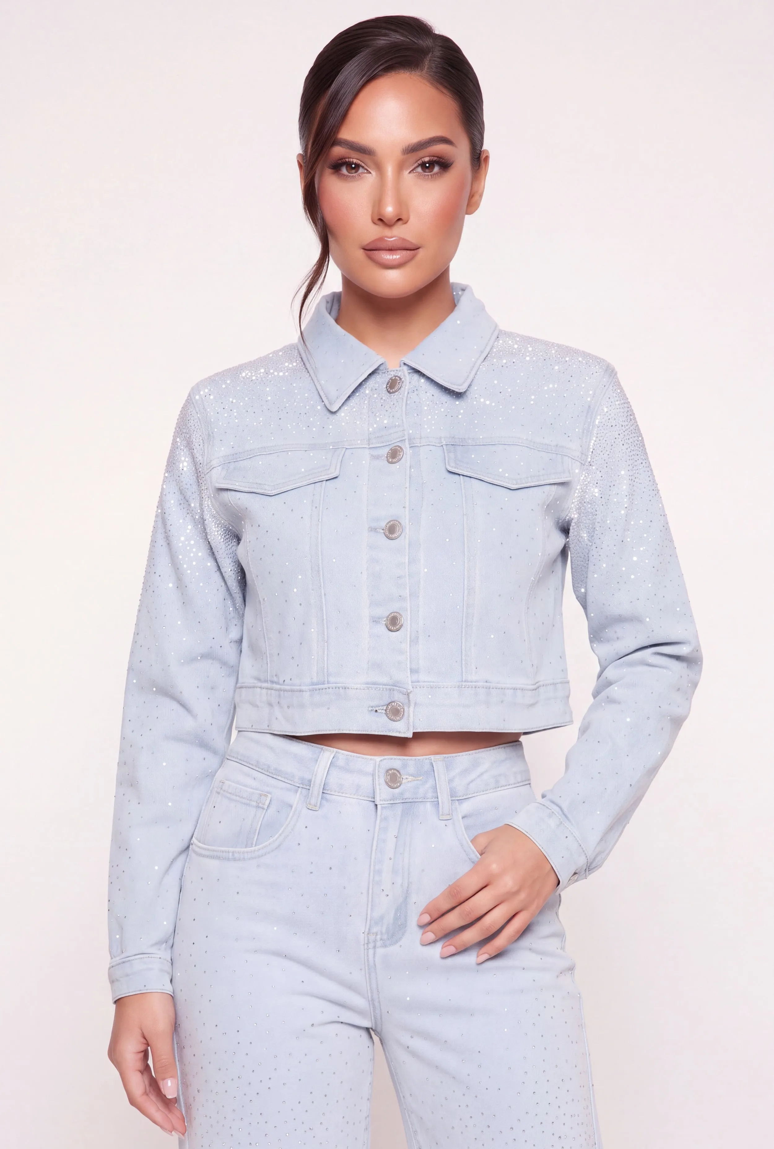 Rhinestones Cropped Denim Jacket sold by Rainbow
