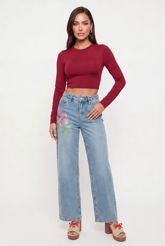 Rhinestone Flower Wide Leg Jeans made by Madden Girl