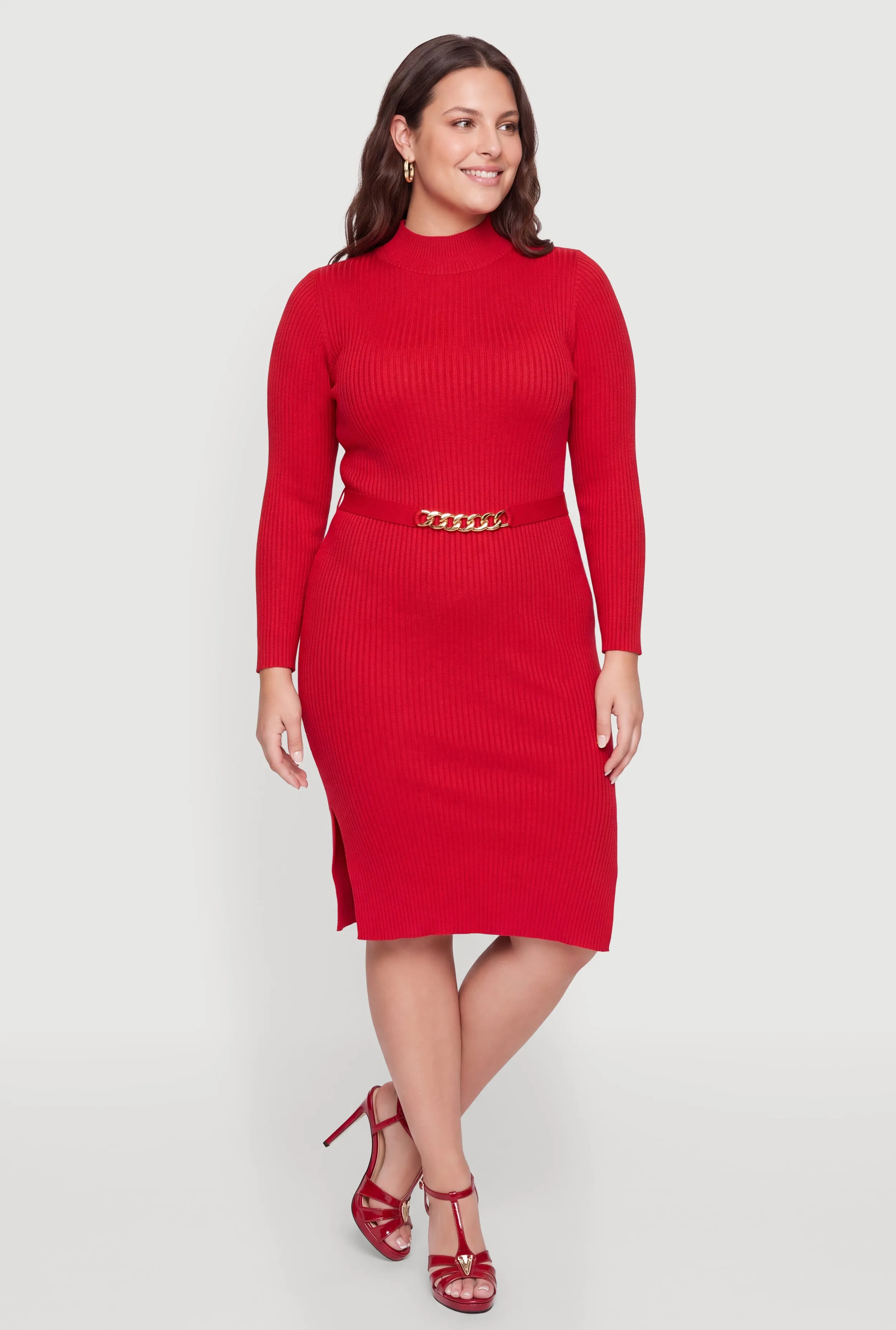 Plus Size Chain Link Belted Front Sweater Dress sold by Rainbow