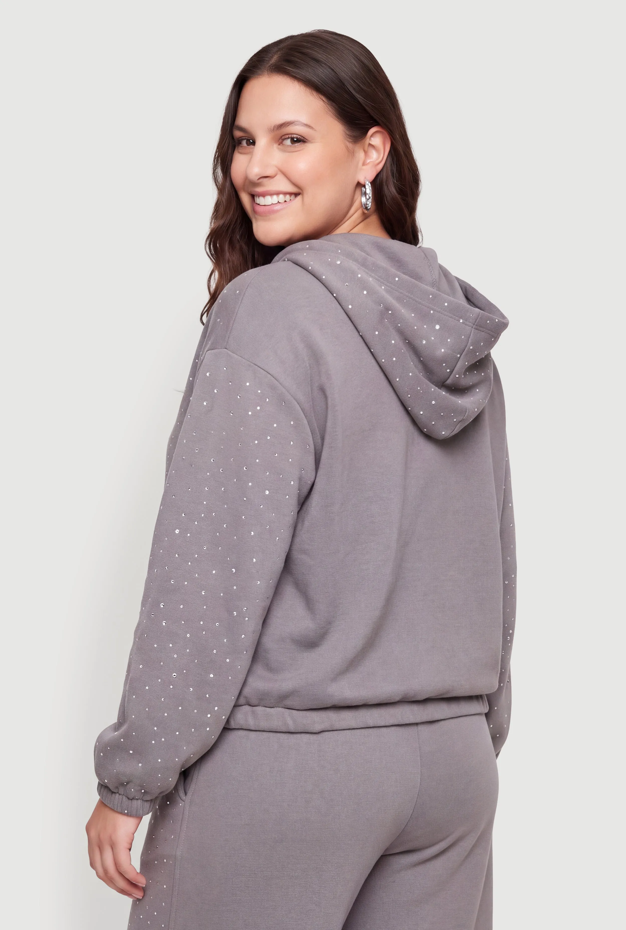 Plus Size Rhinestone Studded Zip Front Hooded Sweatshirt sold by Rainbow product image thumbnail 5