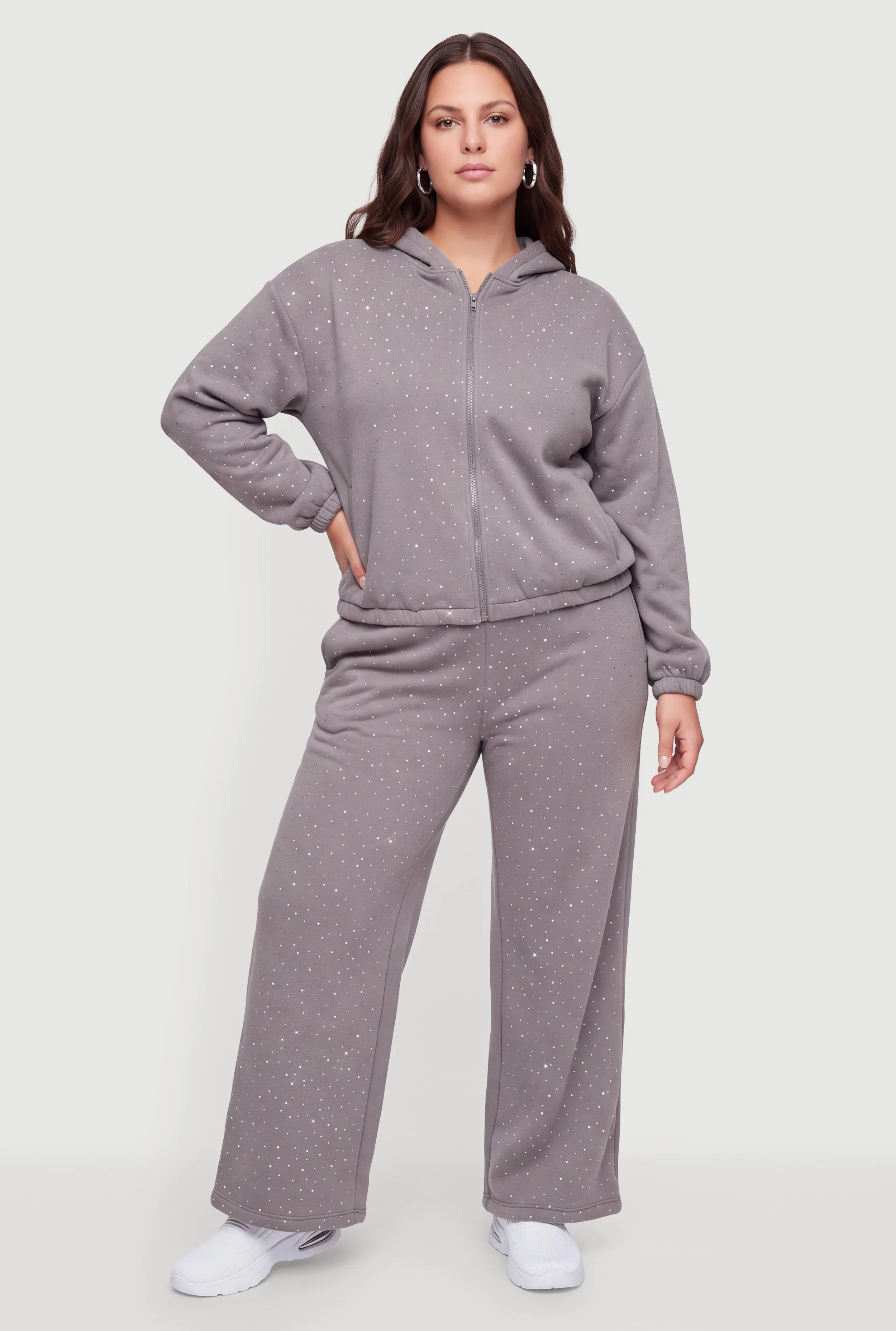 Plus Size Rhinestone Studded Zip Front Hooded Sweatshirt sold by Rainbow product image thumbnail 2