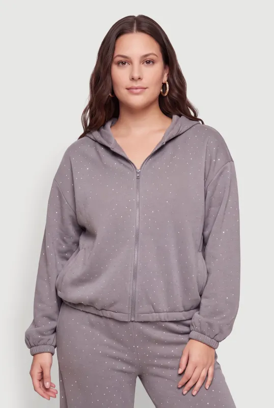 Plus Size Rhinestone Studded Zip Front Hooded Sweatshirt made by Almost Famous
