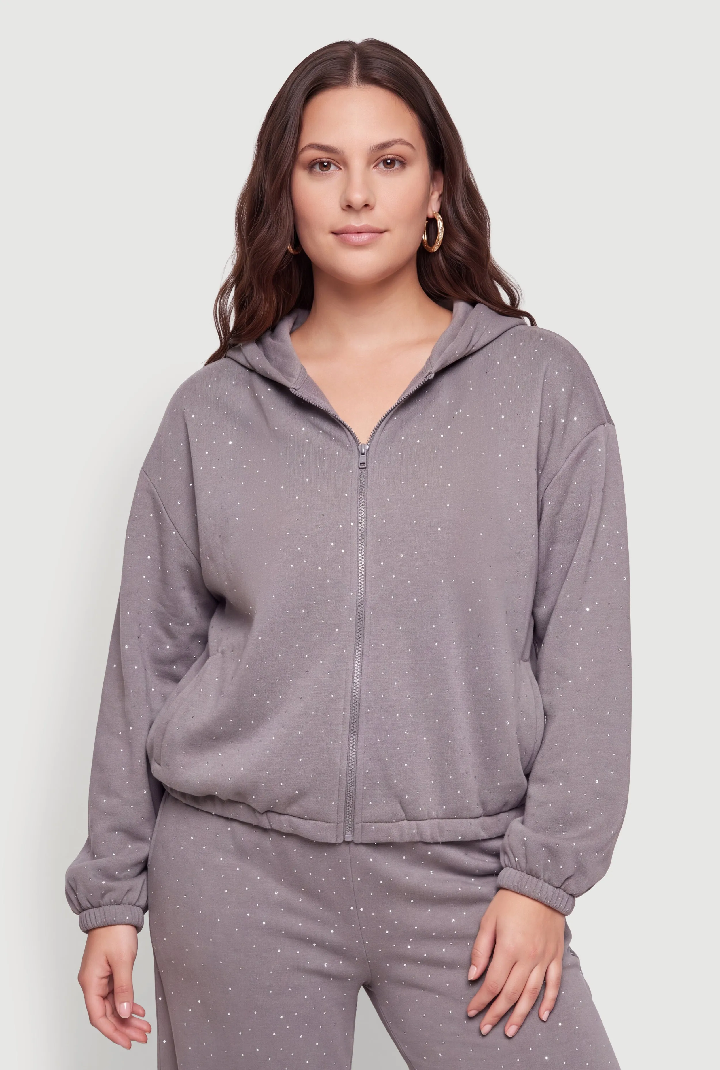 Plus Size Rhinestone Studded Zip Front Hooded Sweatshirt sold by Rainbow