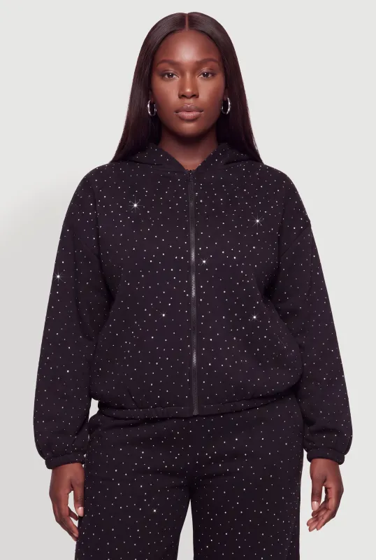 Plus Size Rhinestone Studded Zip Front Hooded Sweatshirt made by Almost Famous