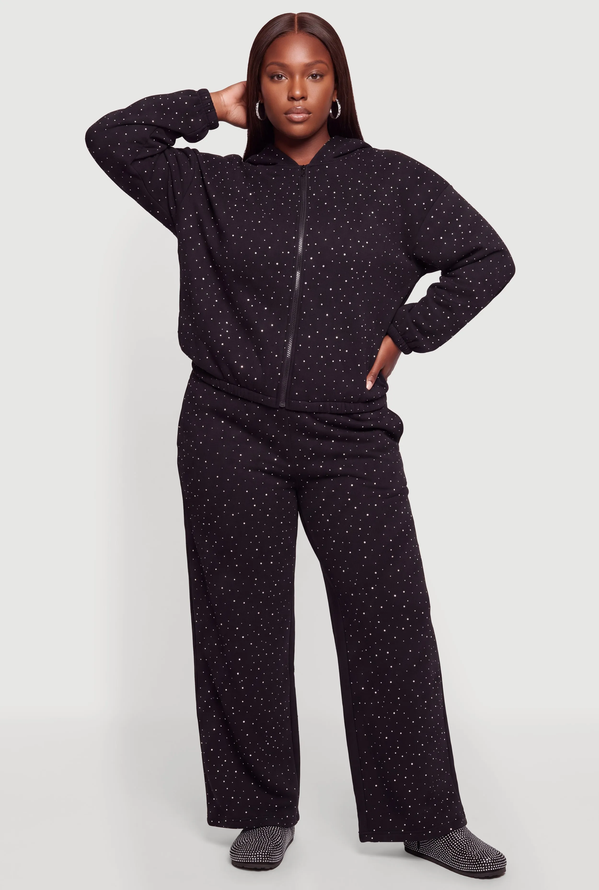 Plus Size Rhinestone Studded Zip Front Hooded Sweatshirt sold by Rainbow product image thumbnail 2