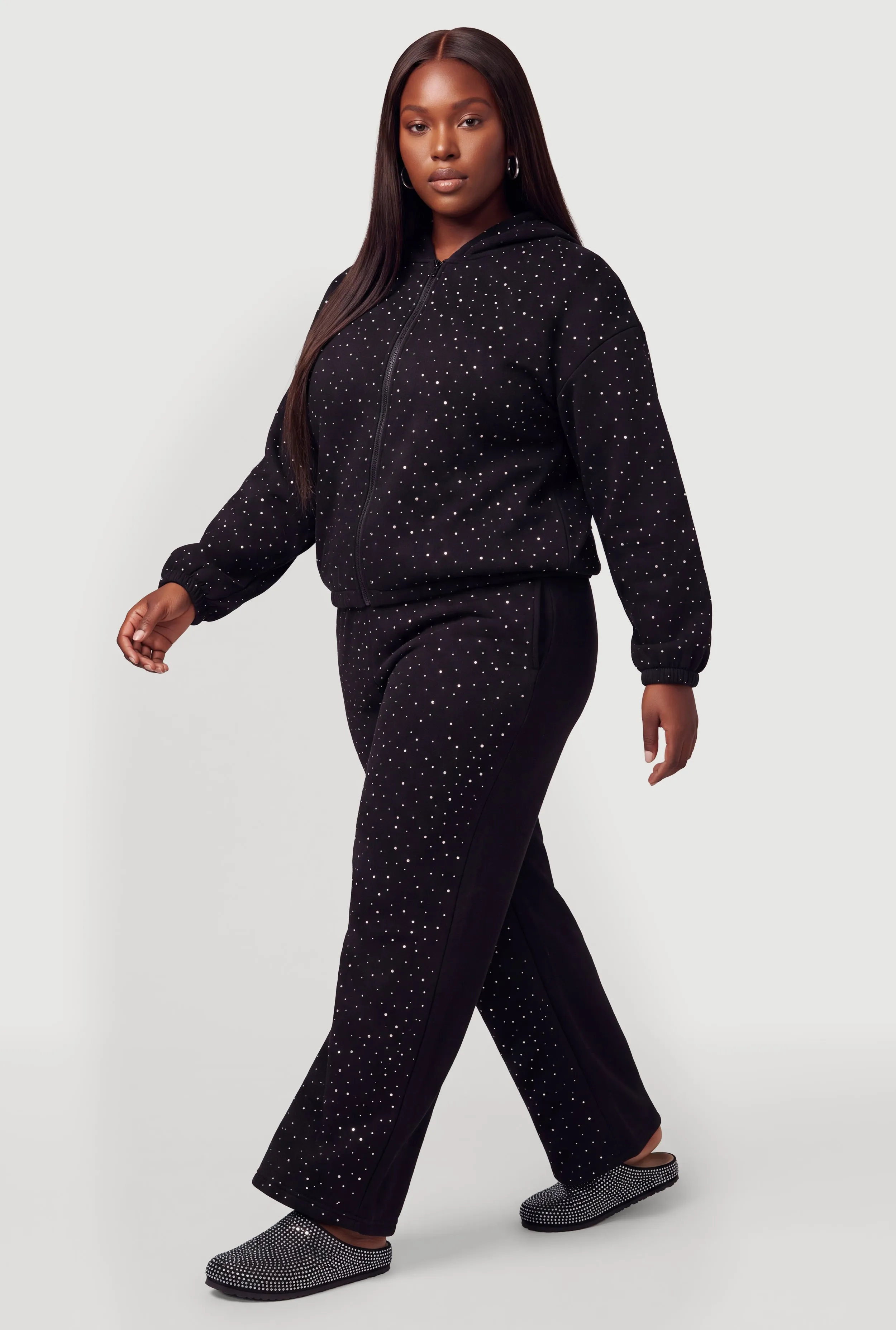 Plus Size Rhinestone Studded Zip Front Hooded Sweatshirt sold by Rainbow product image thumbnail 3