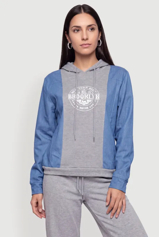 Denim Detail Fleece Lined Brooklyn Graphic Hoodie made by Rainbow