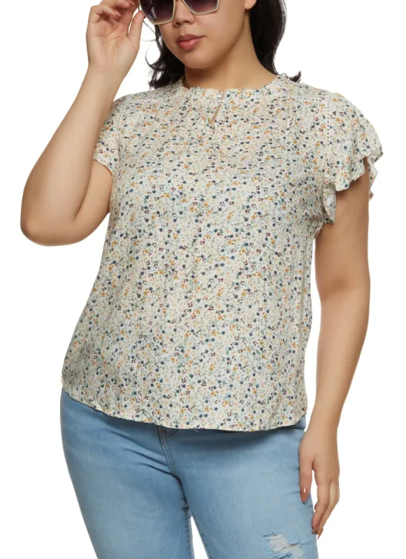 Plus Size Flutter Sleeve Floral Peasant Top sold by Rainbow
