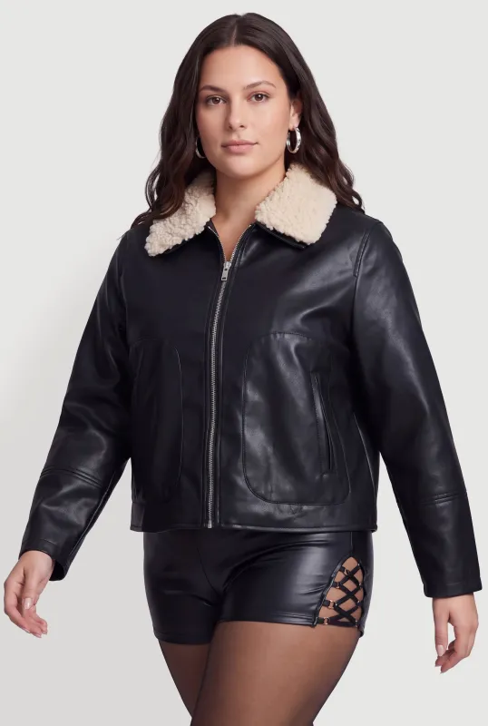 Plus Size Removable Sherpa Collar Faux Leather Moto Jacket made by Rainbow