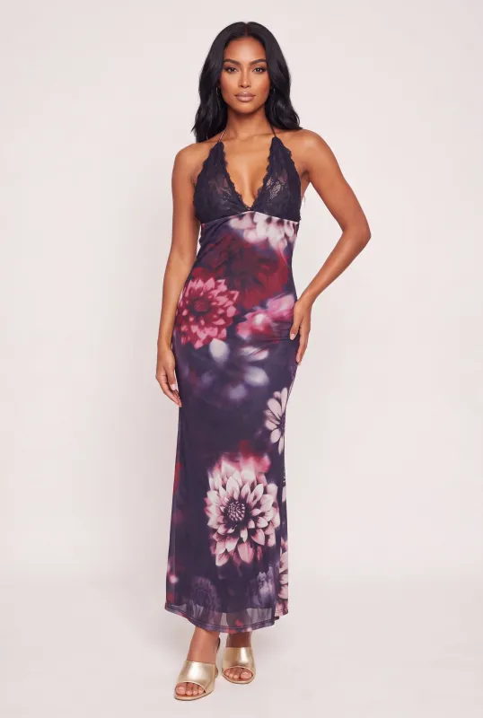 Floral Mesh Tie Back Detail Halter Neck Maxi Dress made by Rainbow