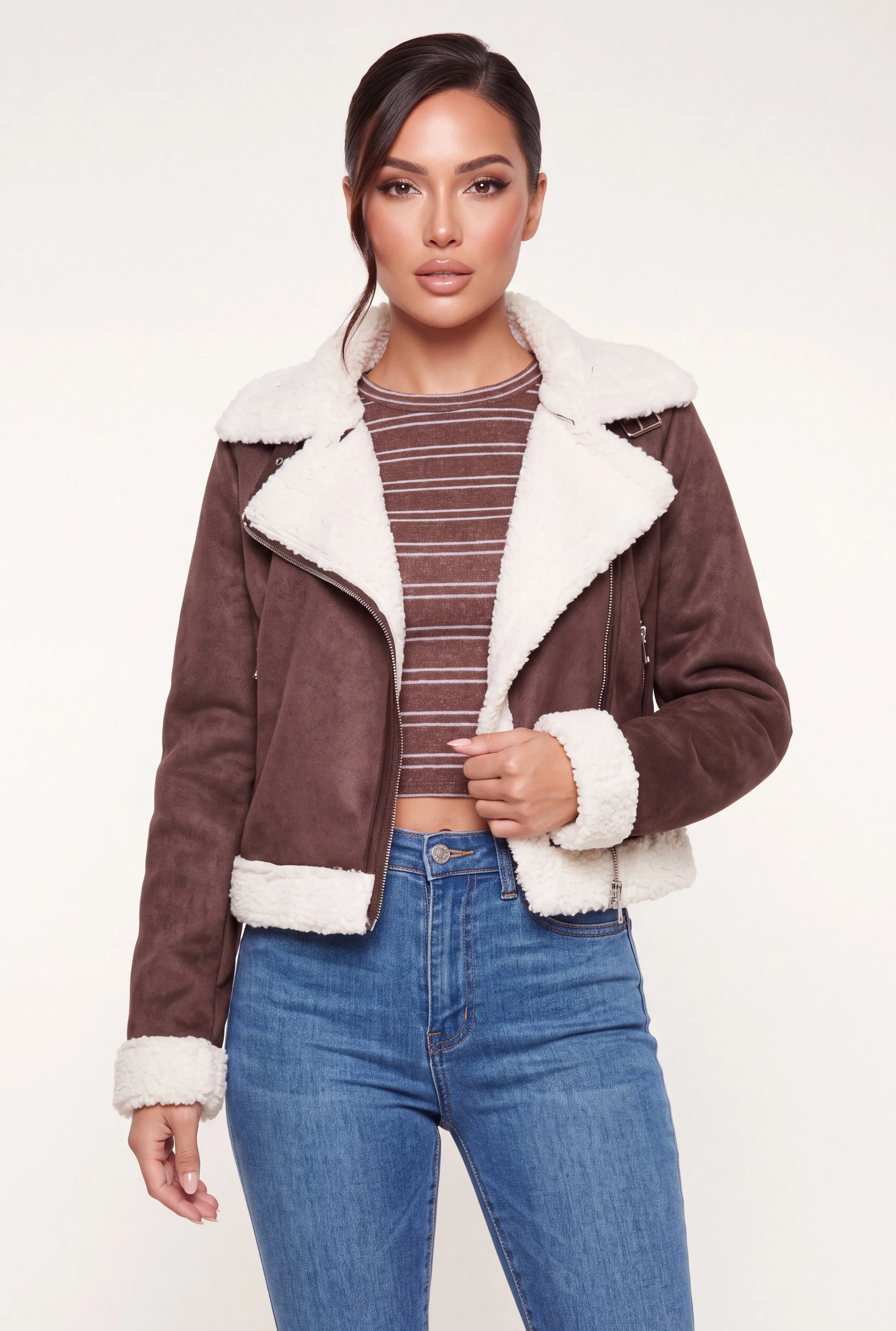 Contrast Sherpa Trim Faux Suede Moto Jacket sold by Rainbow product image thumbnail 2