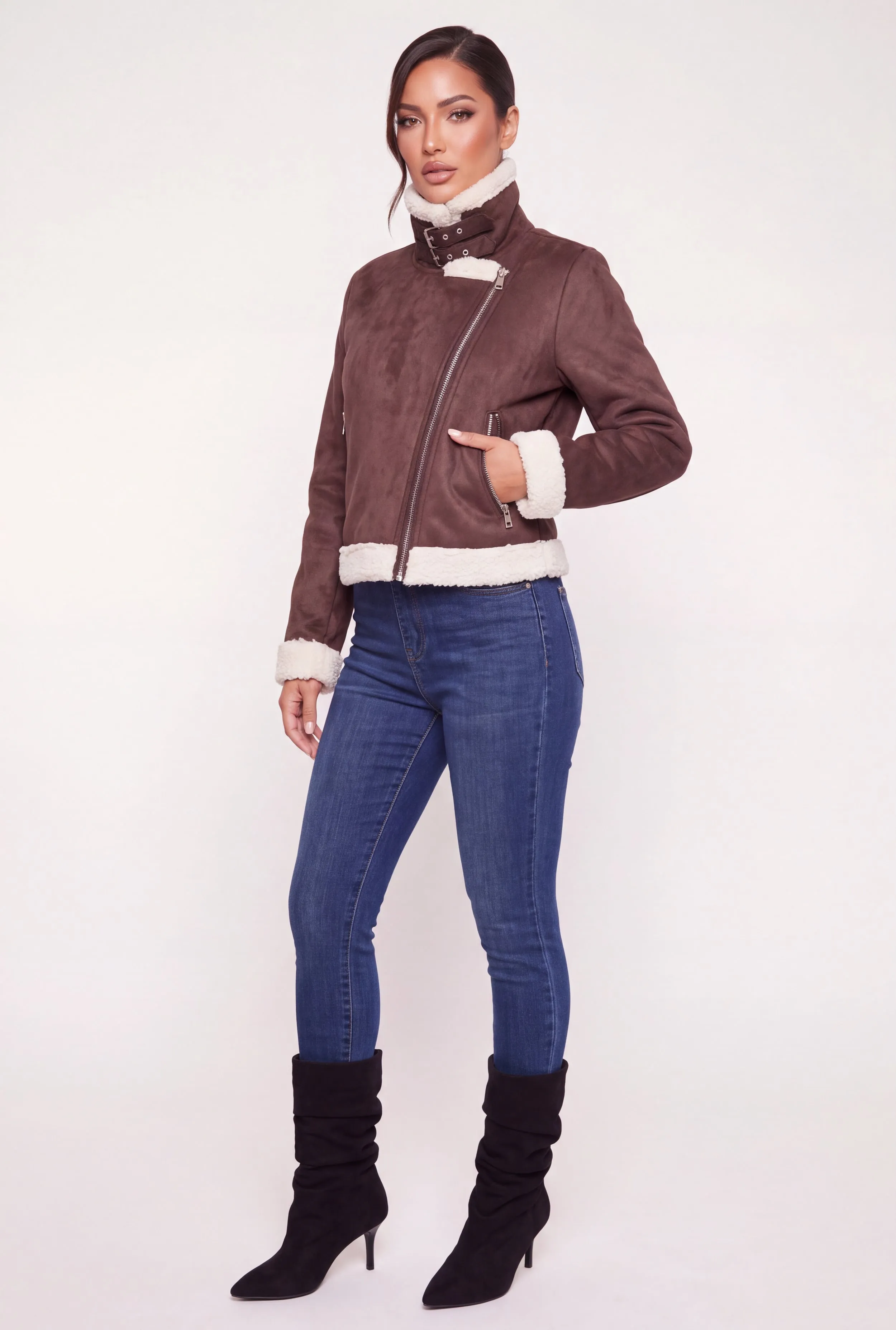 Contrast Sherpa Trim Faux Suede Moto Jacket sold by Rainbow product image thumbnail 3
