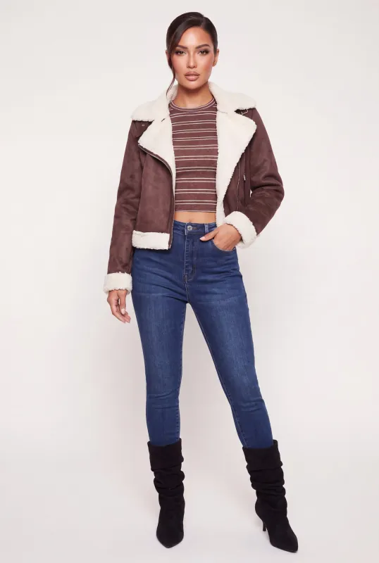 Contrast Sherpa Trim Faux Suede Moto Jacket made by Rainbow