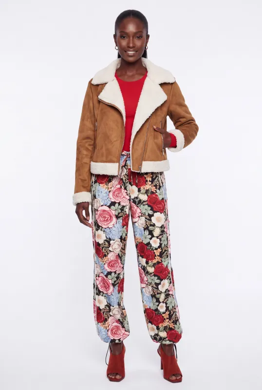 Contrast Sherpa Trim Faux Suede Moto Jacket made by Rainbow