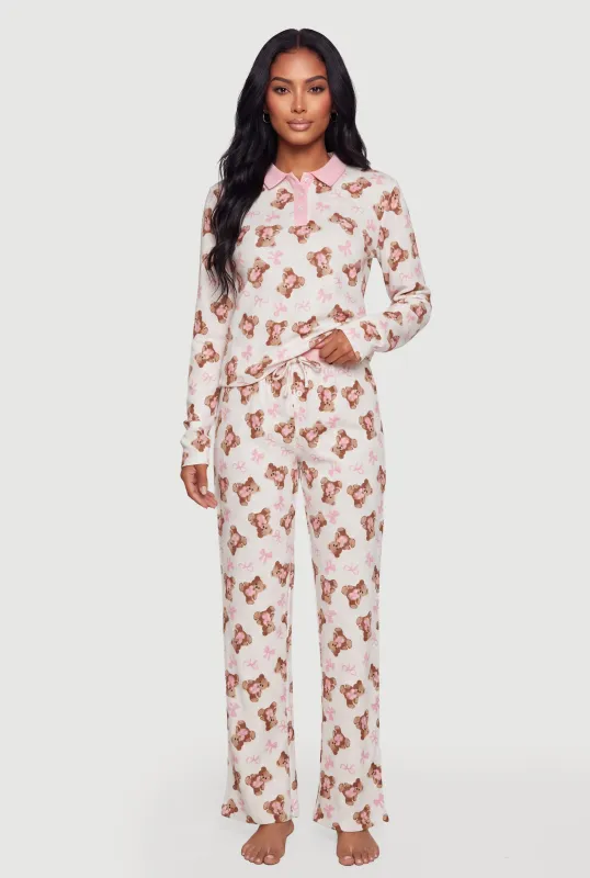 Teddy Bear Bow Print Pajama Top and Pants made by Rainbow