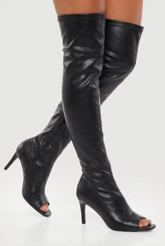 Open Toe Thigh High Stiletto Boots made by Rainbow