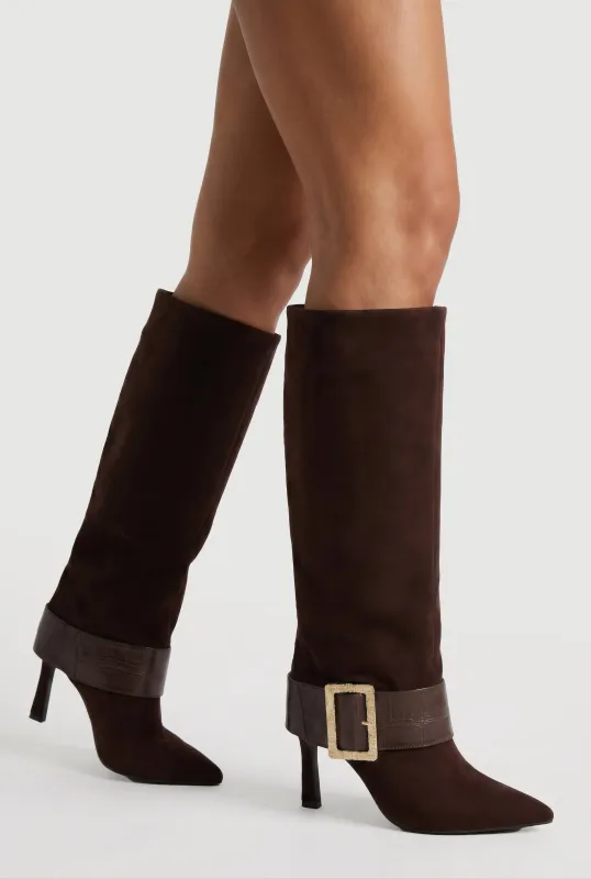 Faux Suede Fold Over Stiletto Boots with Buckle Detail made by Rainbow