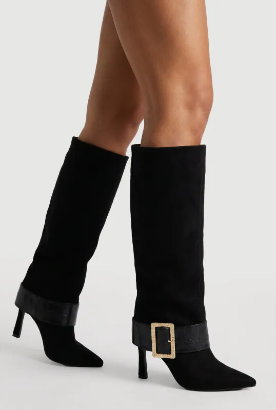 Faux Suede Fold Over Stiletto Boots with Buckle Detail made by Rainbow