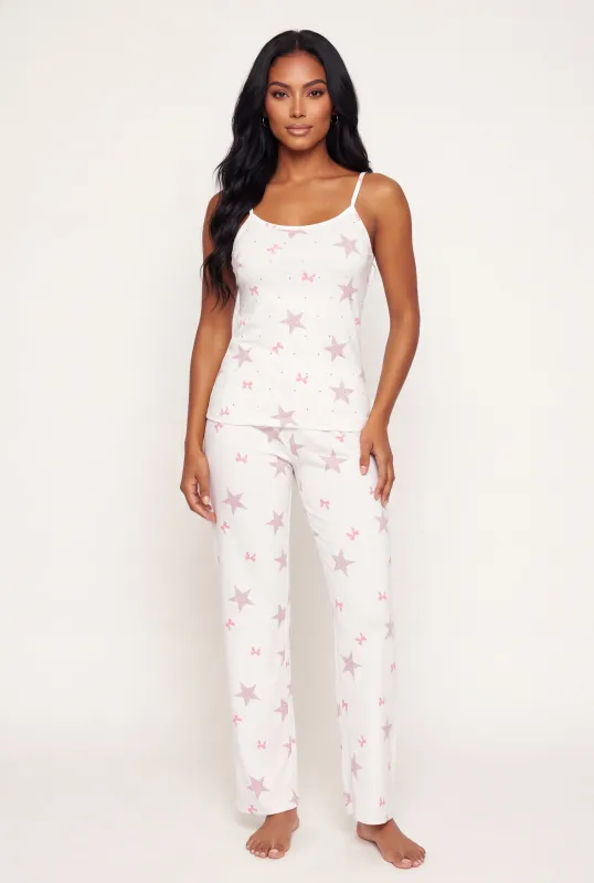 Rhinestone Star Bow Print Pajama Cami and Lounge Pants made by Rainbow