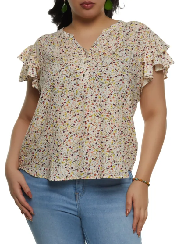 Plus Size Floral Printed Flutter Sleeve Blouse sold by Rainbow