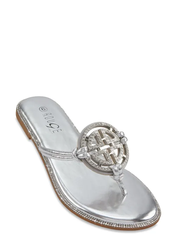 Rhinestone Trim Geo Pendant Thong Slide Sandals sold by Rainbow