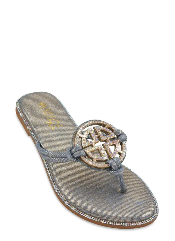 Rhinestone Trim Geo Pendant Thong Slide Sandals sold by Rainbow