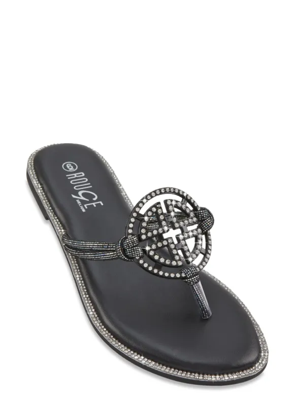 Rhinestone Trim Geo Pendant Thong Slide Sandals sold by Rainbow
