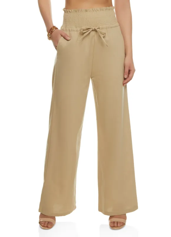 Linen Smocked Waist Wide Leg Pants sold by Rainbow
