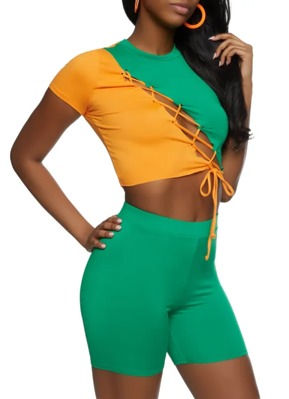 Color Blocked Lace Up Cropped Tee sold by Rainbow